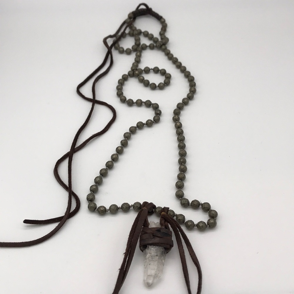 Vintage Quartz Crystal Leather Wrapped Necklace
